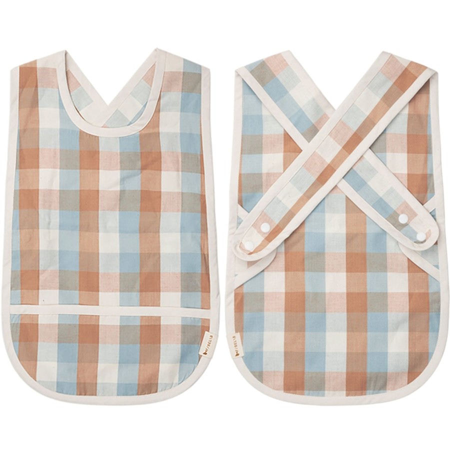 Mealtime Fabelab | Cross Back Bib -Cottage Blue Checks Caramel